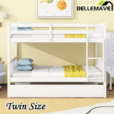 Bellemave® Twin Size Rubber Wood Bunk Bed with Trundle Bed, Convertible into 2 Twin Size Beds - Bellemave